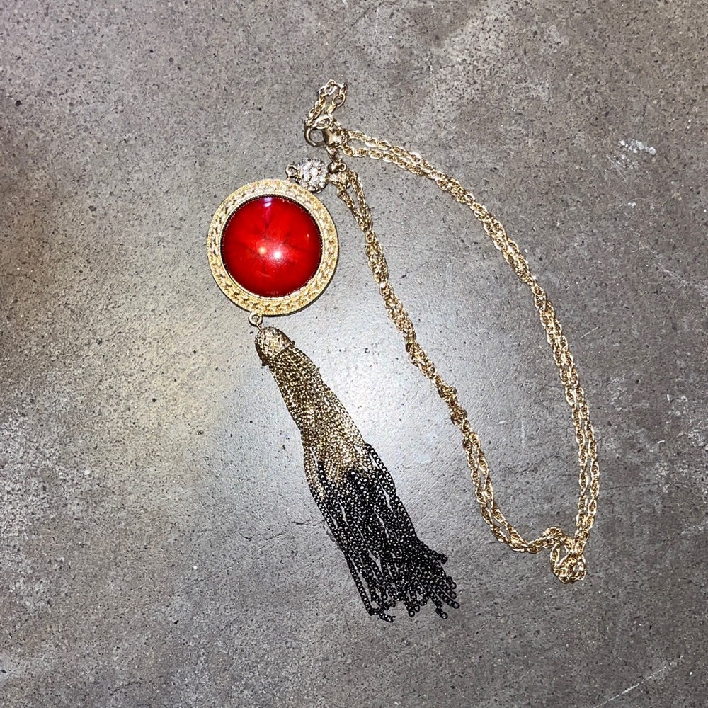 Vintage Gold and Red Pendant Necklace with Tassel